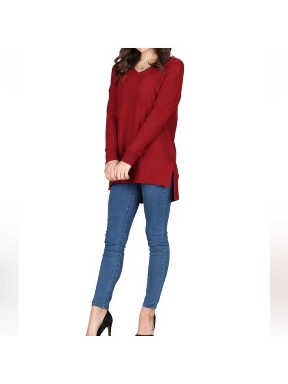 Lildy Women's Solid Waffle-Knit Tunic Sweater V-Neck Long Sleeve Red L-XL